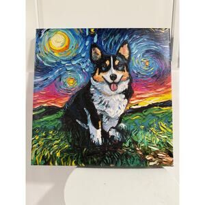 Impressionist Corgi Starry Night Canvas Wall Art Giclee Print Aja Trier 14x14fd